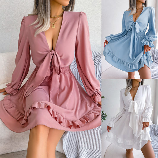 Spring And Summer  Leisure Lace-up Waist-tight Wooden Ear Swing Dress